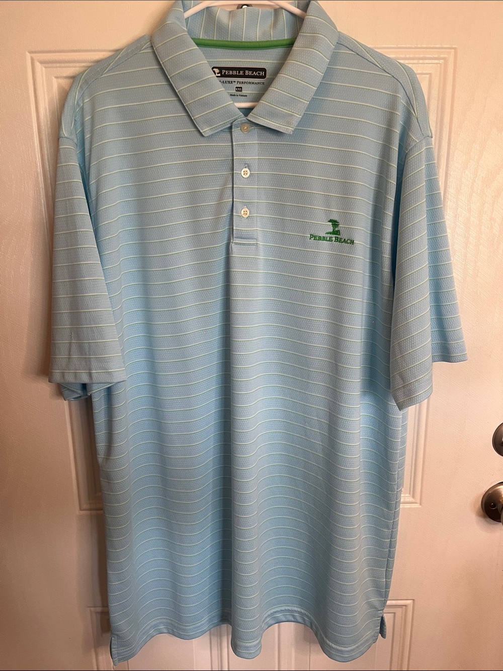 Pebble Beach Men's Sky Blue Striped Polo with Green Logo